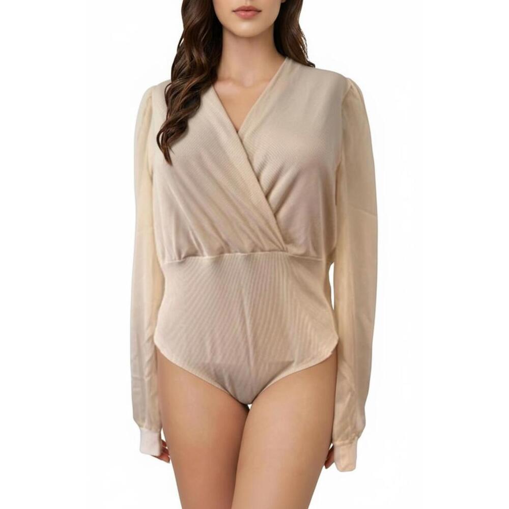 BellanBlue Womens Bodysuit Classic Cream Surplice Sheer Sleeve Minimalist Sz M